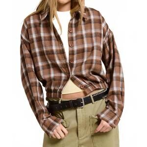 NEW MIMOSA plaid button up crop shirt in cocoa